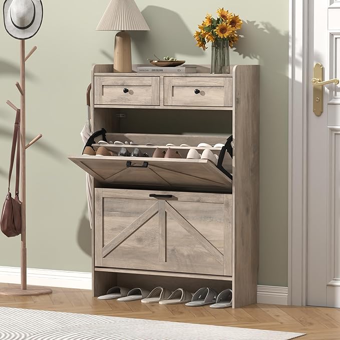 Shoe Cabinet with 2 Flip Drawers & 2 Storage Drawers, Rustic Farmhouse Narrow - Image 3