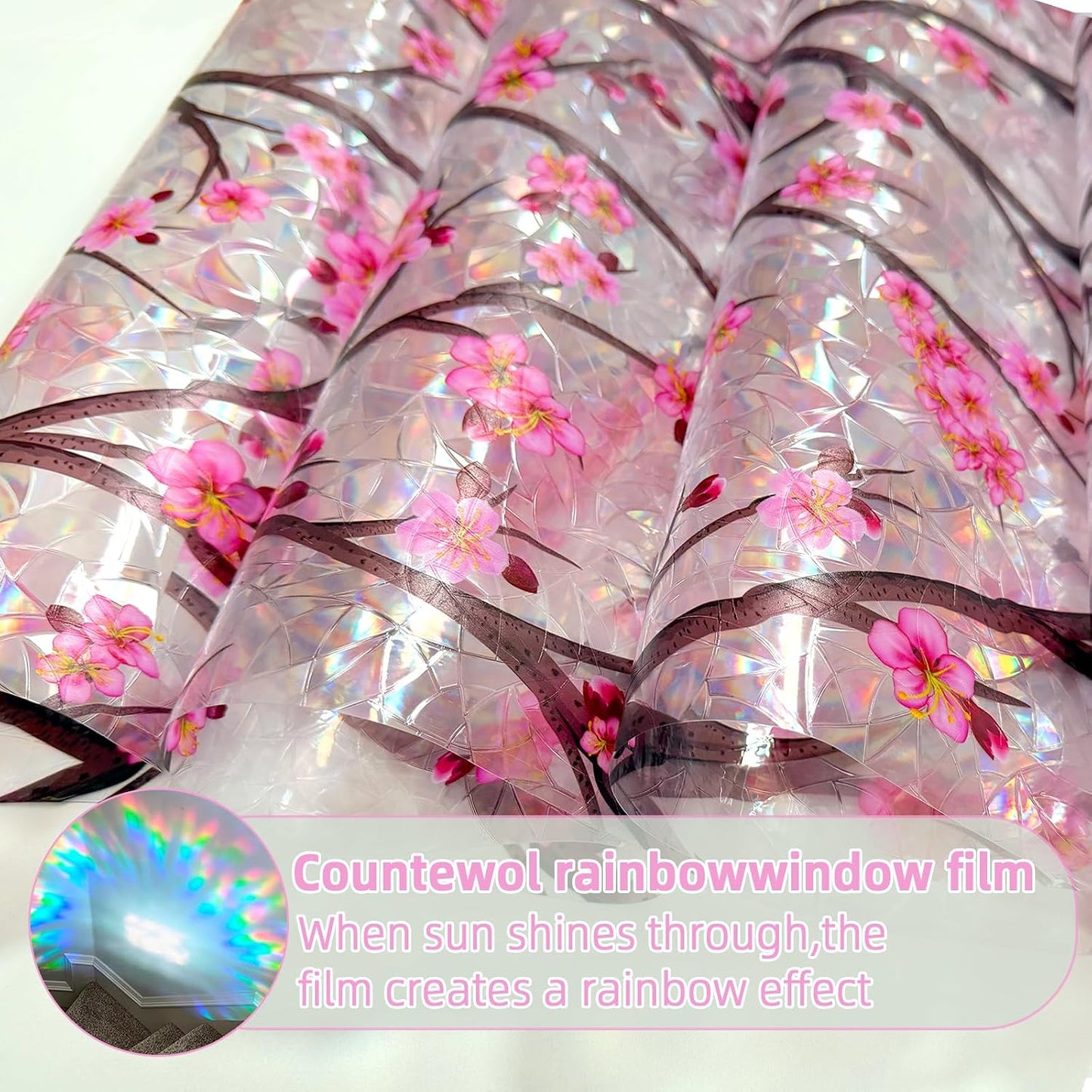Countewol Stained Glass Privacy Window Film Static Cling Window Film Anti-Glare UV Protection Removable Decorative Window Clings for Home（Rainbow Sakura 78.7" L*17.5" W