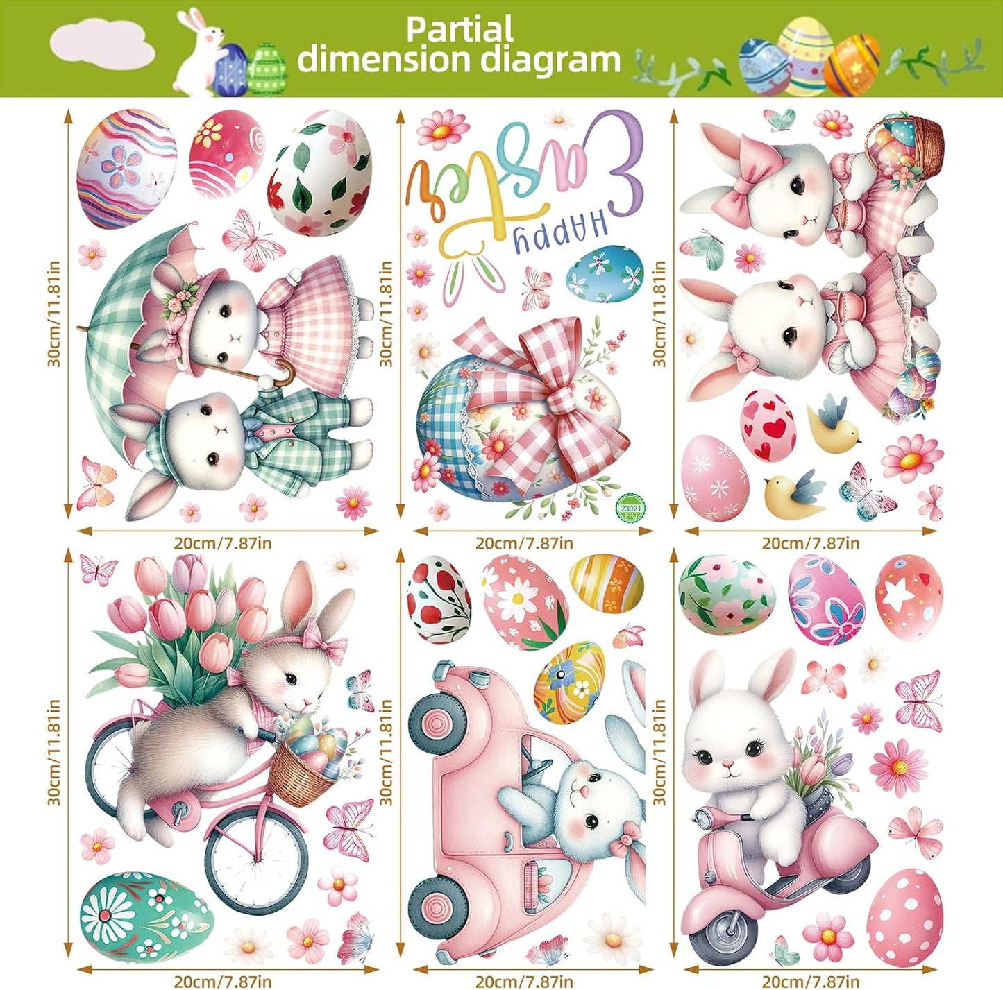 Summer Window Clings,Pink Large Easter Painting Bunnies Stickers,Spring Tulips Reusable Holiday Window Sticker for Kids,Wall Decals Decorations for Home School Office Nursery Shop,9 Sheets