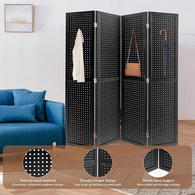 ECOMEX 4 Panel Room Divider, 5.6Ft Pegboard Display Wooden Room Divider Folding - Image 3