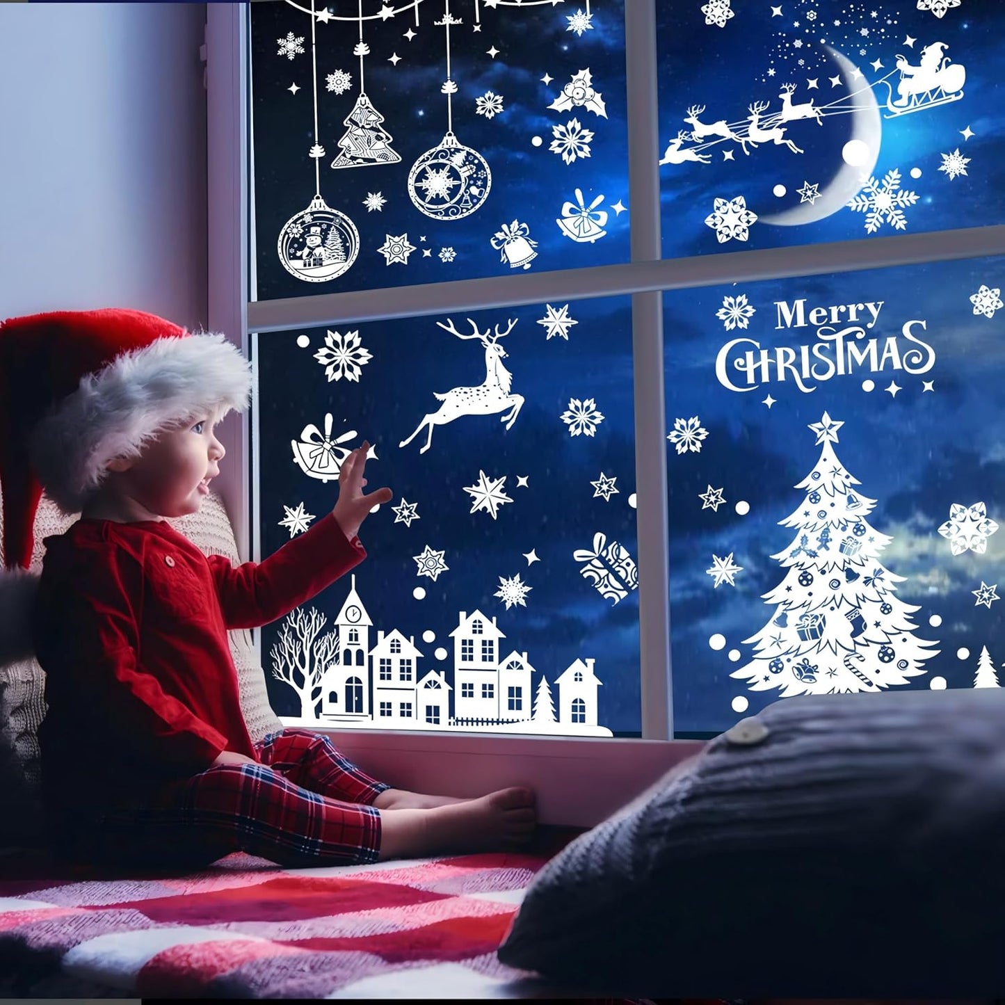 AhfuLife Christmas Window Clings, 244 PCS Reusable Christmas Window Stickers for Glass, 9 Sheets Double Sided Snowflake Xmas Trees Garland Stickers for Xmas Party