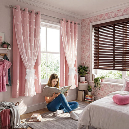 RYB HOME Room Darkening Pink Pom Pom Curtains for Nursery, Double Layer | Sheer Overlay, Cute Princess Style Decor, For Baby Girls Toddler Room, With 2 Bow Tie Backs,W52 x L63,2 Panels