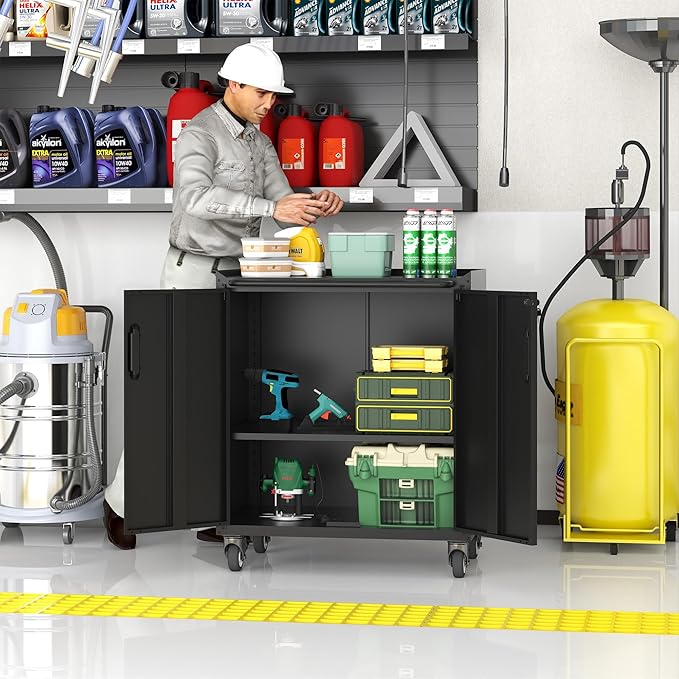 Metal Storage Cabinet with Wheels, Lockable Garage Storage Cabinet with Doors - Image 5