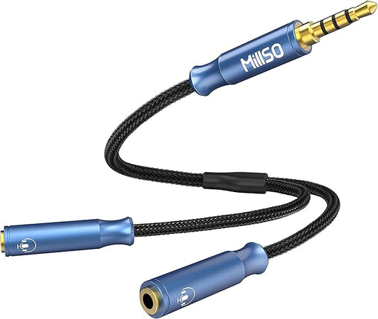 MillSO 3.5mm 4 Pole TRRS Audio Splitter Cable Nylon Braided Stereo Aux Splitter by MillSO