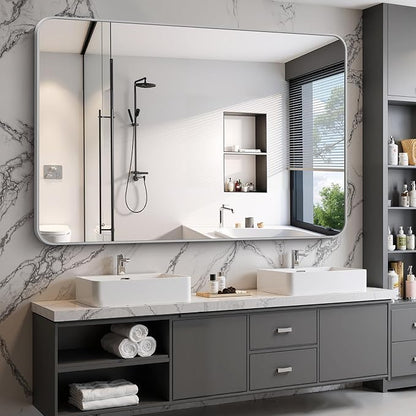 60x40 Inch Silver Bathroom Mirror, Large Rectangle Mirror, Metal Framed - Image 3