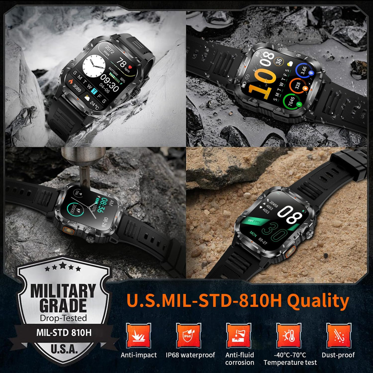 military smart watch for men, 30+ day battery showing dimensions