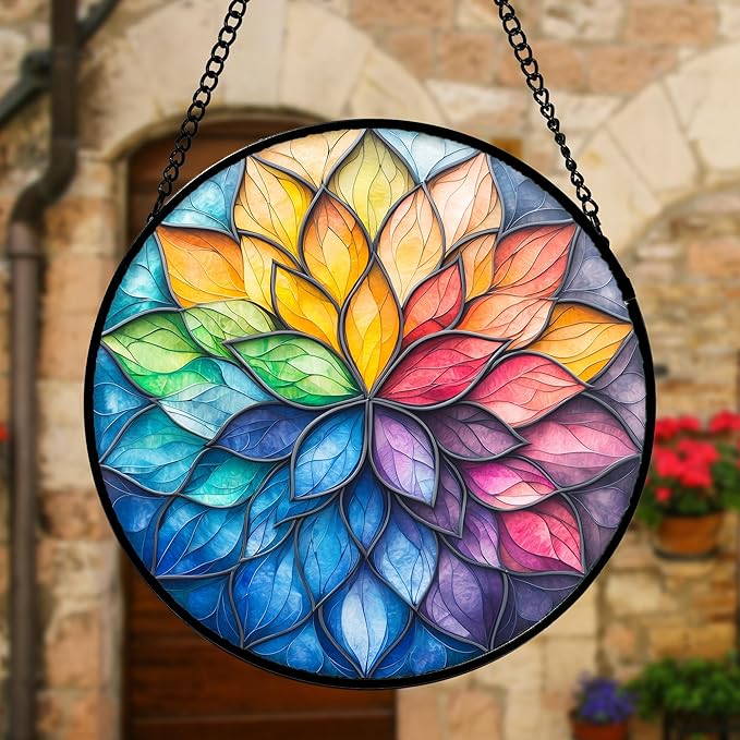DASTOLL Stained Glass Window Hanging, Colorful Flower Petals Sun Catchers - Image 5