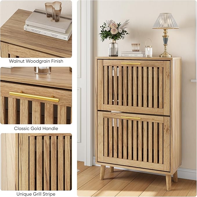 Shoe Cabinet with 2 Flip Slatted Drawers, Farmhouse Slim Shoe Organizer Rack - Image 3