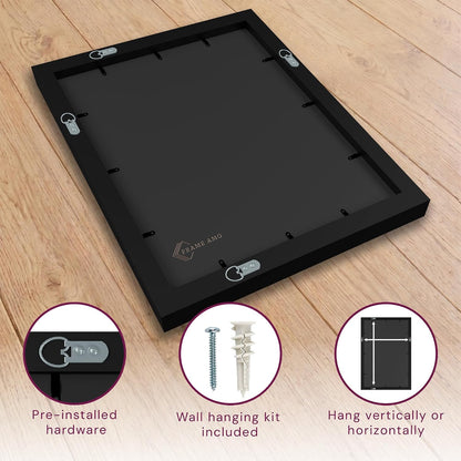 Frame Amo 20x24 Black Poster Frame, 18x22 and 16x20 Mats, High End | Tempered Glass, Solid Wood, 1.5 inch Wide, 1 inch Thick, 2 Thick 4-Ply White Mats, Heavy Duty, Acid Free, Hanging Hardware