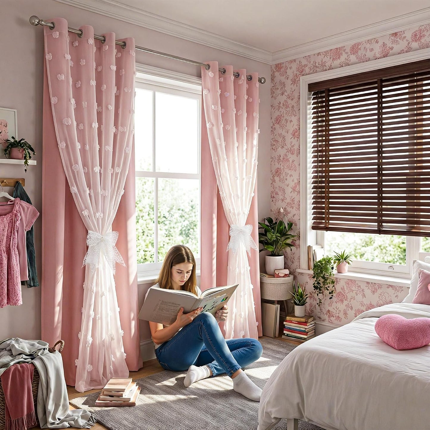 RYB HOME Pink Pom Pom Curtains for Girls Bedroom Nursery, Room Darkening | Double Layer, Thermal Insulated, For Girls Kids Bedroom Nursery, With 2 Bow Tie Backs, Shabby Chic, W52 x L84,2 Panels