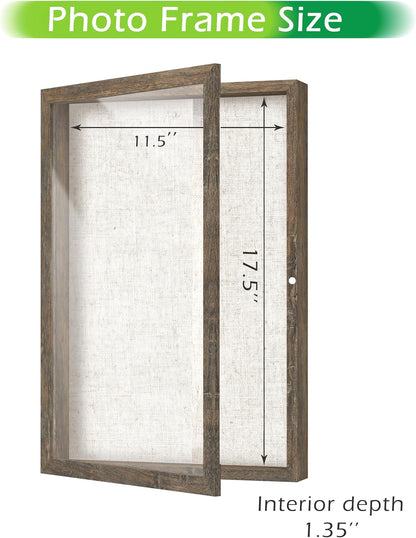 FrameWorks 12x18 Deep Shadow Box Frame, Wooden Display Case w. Linen Board & Tempered Glass Door - Brown Woodgrain - Large - Wall Mounted