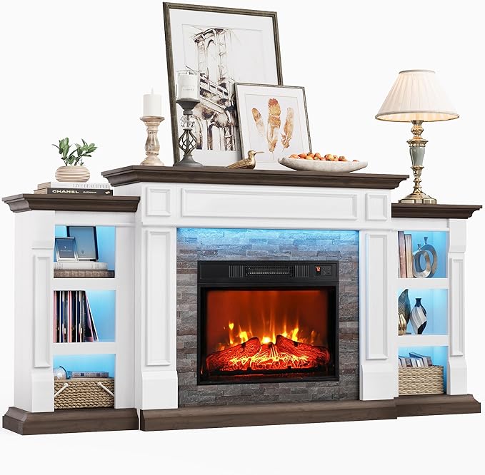 72" Electric Fireplace with Mantel and Cabinets, Fireplace TV Stand by Naice
