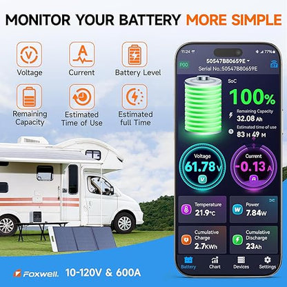 600A Shunt Battery Monitor, 0-120V Bluetooth Amp/Volt/Watt/Capacity Monitor - Image 2