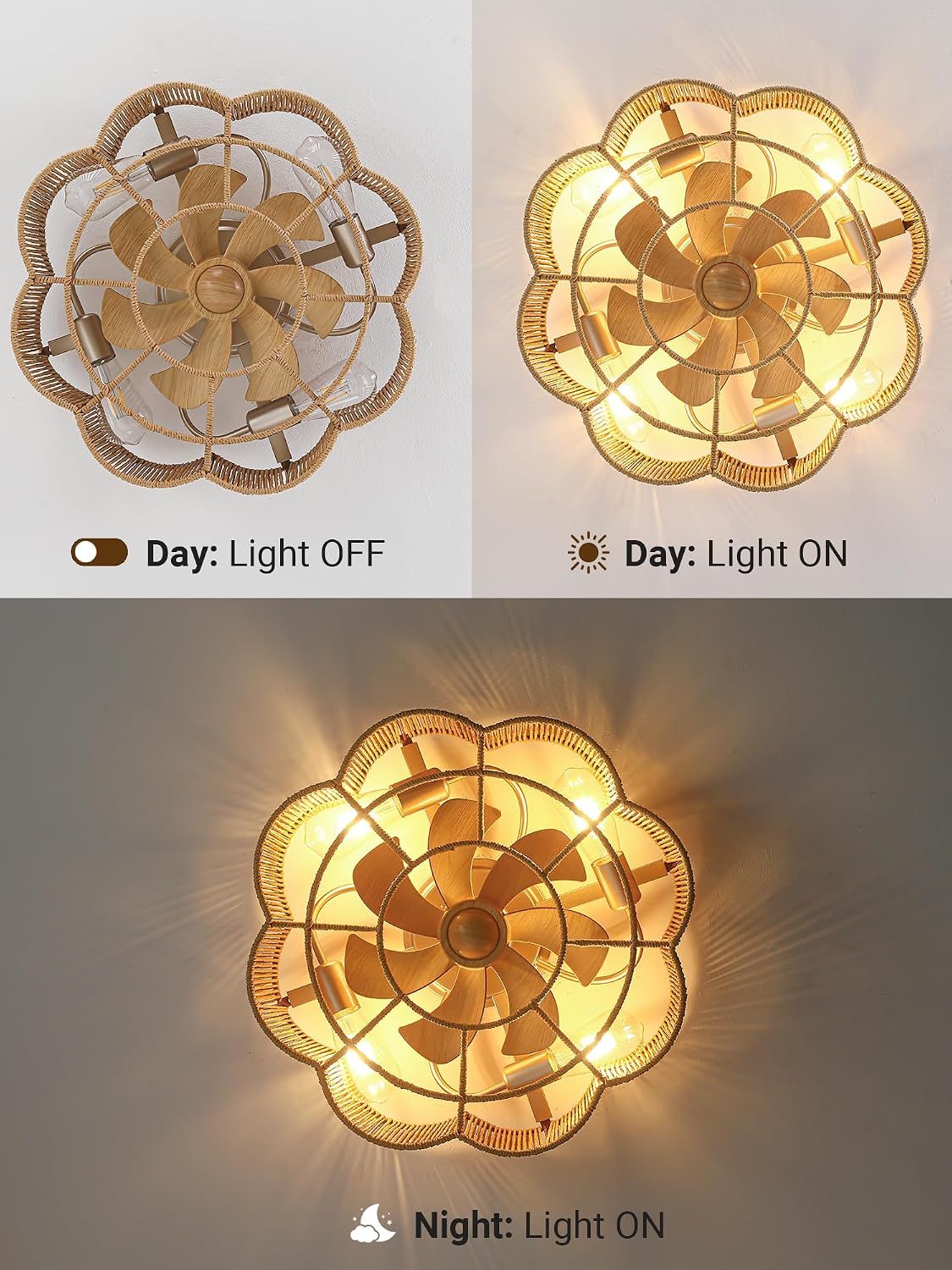20" Rattan Fandelier Boho Caged Ceiling Fan with Lights Low Profile