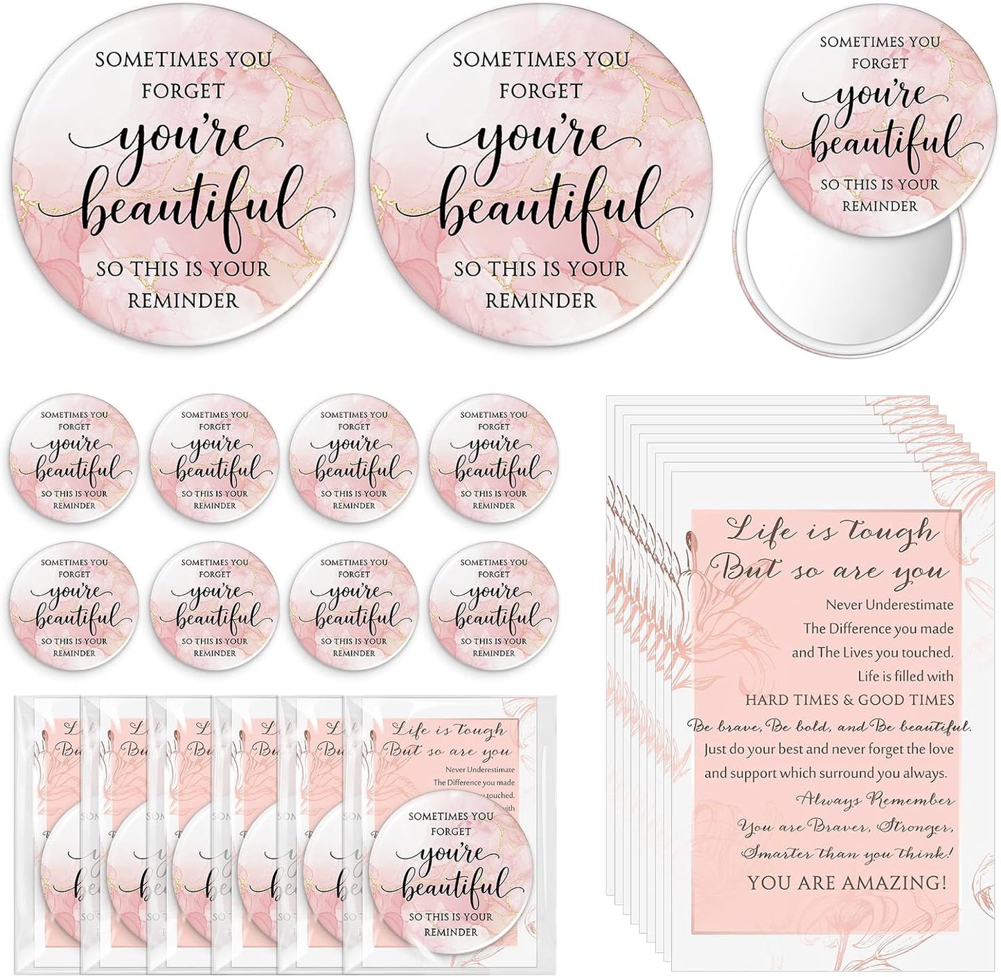 Cinnvoice 25 Sets Pink Mirror Gifts for Women Inspirational Mini Compact Mirror Bulk Small Round Pocket Makeup Gifts for Wedding Cheerleader Coworker Birthday Party Favor (Beautiful)