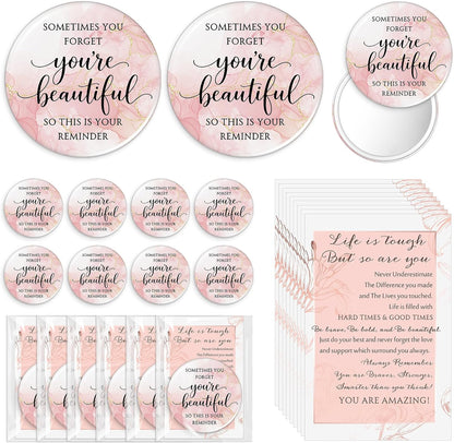 Cinnvoice 25 Sets Pink Mirror Gifts for Women Inspirational Mini Compact Mirror Bulk Small Round Pocket Makeup Gifts for Wedding Cheerleader Coworker Birthday Party Favor (Beautiful)