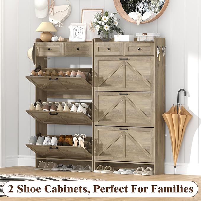 Shoe Cabinet with 3 Flip Drawers & 2 Storage Drawers, Rustic Farmhouse Narrow - Image 9