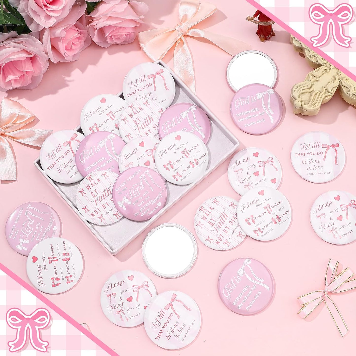 48 Pcs Pink Bow Compact Mirrors Bulk Christian Gifts for Women | Mini Pocket Makeup Mirror for Purse, Bible Verse Scripture, Bible Pink Bow Birthday Wedding Party Favor, Inspirational Gift