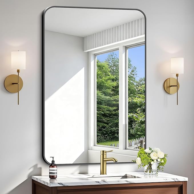 Black Bathroom Mirror, 28x42 inch Aluminum Metal Frame Rectangular Vanity Mirror by WelcometoCIVENO