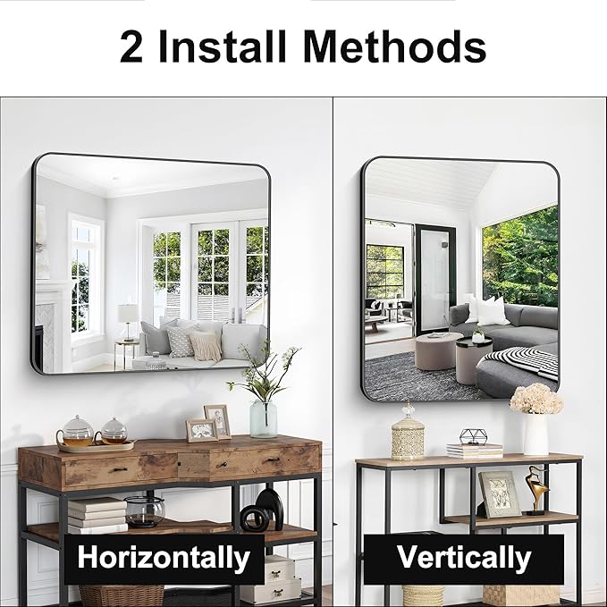 Bathroom Mirror, 36 x 30 inch Metal Framed Black Rectangle Mirror, Rounded - Image 5