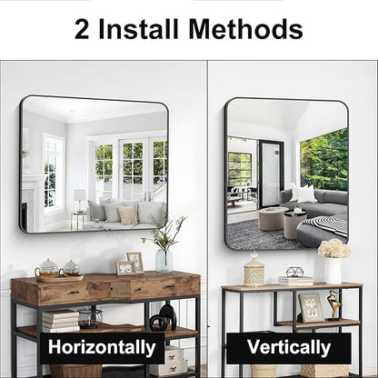 Bathroom Mirror, 36 x 30 inch Metal Framed Black Rectangle Mirror, Rounded - Image 5