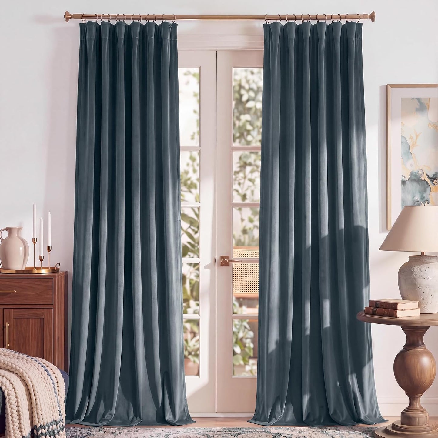 RYB HOME Dusty Blue Velvet Blackout Curtains 84 inches Long for Bedroom | Thermal Insulated, Room Darkening, Light UV Privacy Block, With Hook Belt, Back Tab, Living Dining Room, W52 x L84, 2 Panels