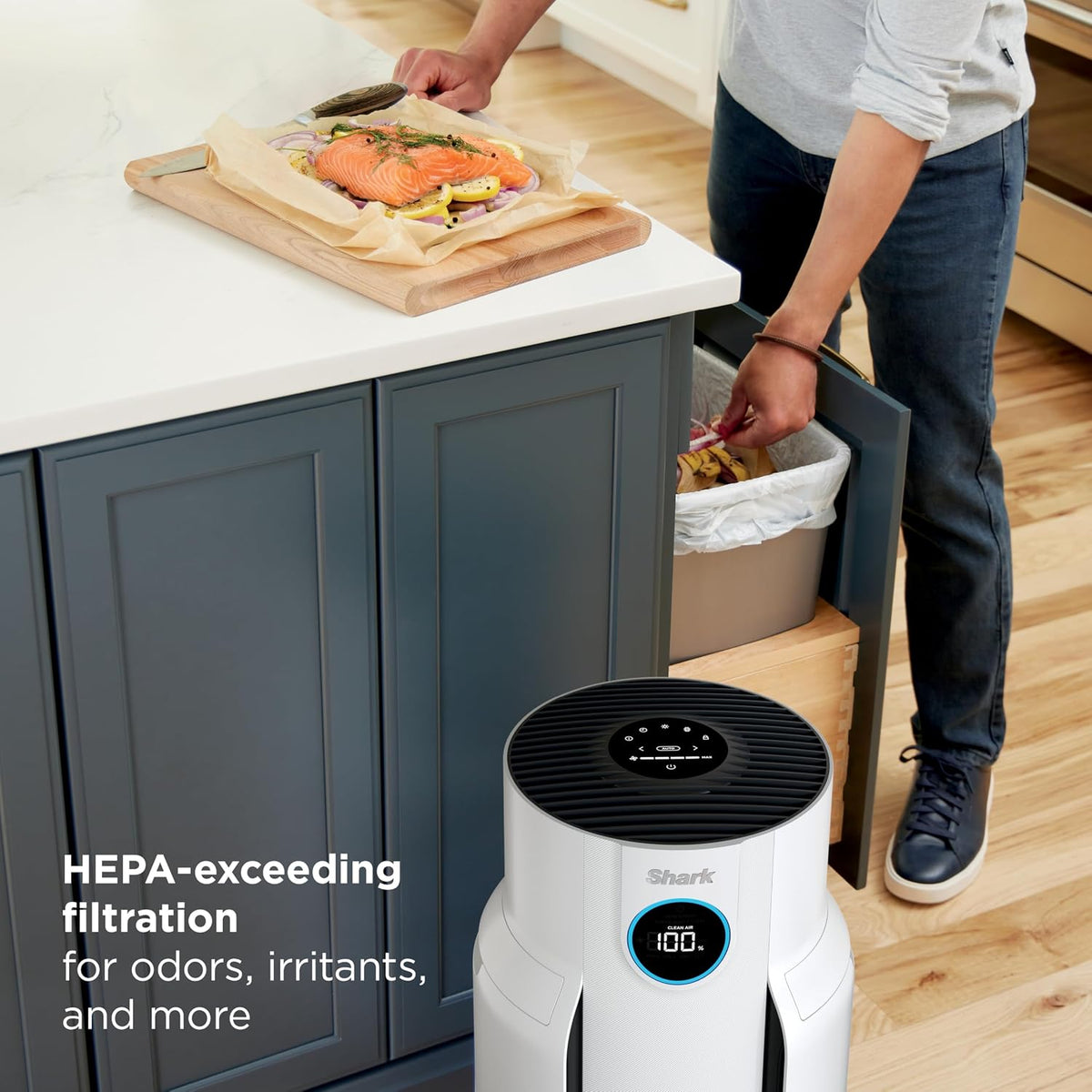 shark neverchange air purifier, hp153, white, side view