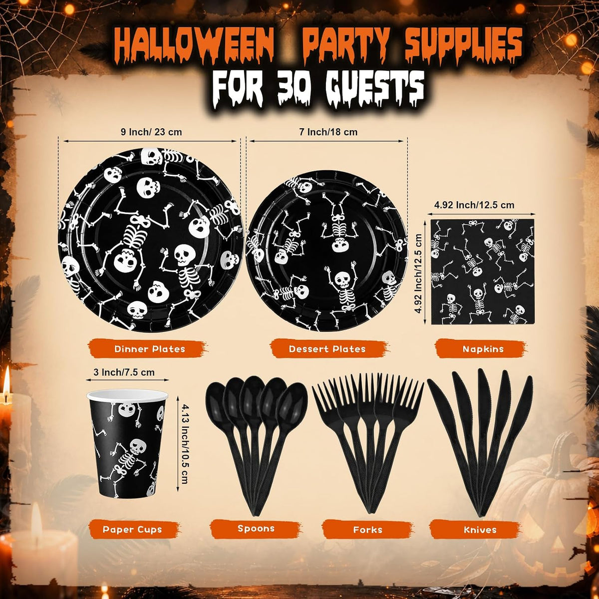 210 Pcs Halloween Skeleton Plates and Napkins Party Supplies for 30 Guests