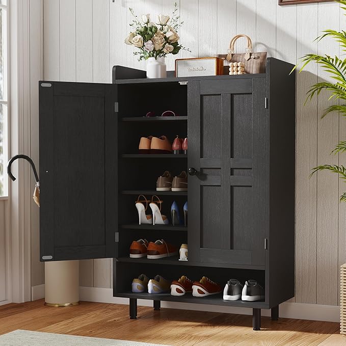 Farmhouse Shoe Cabinet with Doors, 6-Tier Wooden Shoe Organizer with Adjustable by Aivermeil