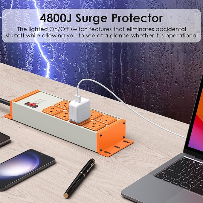 JUNNUJ Heavy Duty 20 Amp Surge Protector 4800J, Garage Metal 8 Outlets 12 Gauge - Image 4