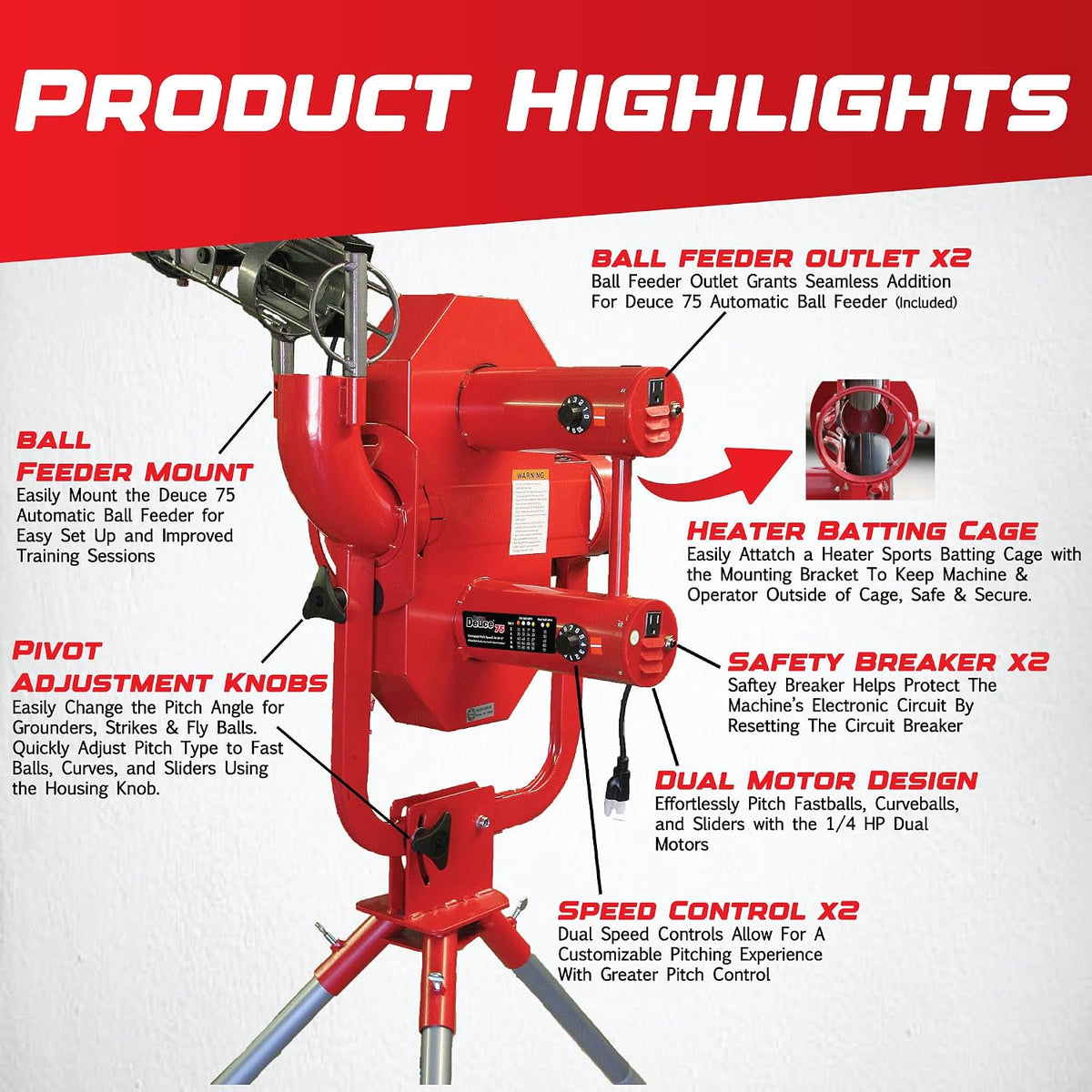 Heater Sports Deuce 75 MPH Adjustable Baseball Pitching Machine with Automati...