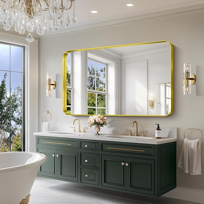CIRCUMI Gold Bathroom Mirror, Rounded Corner, Tempered Glass, Large Mirror - Image 4