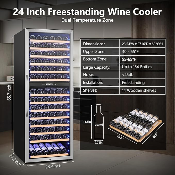 24" Wide Dual-Zone Wine Fridge 154-Bottles, Tall Freestanding/Built-in Wine - Image 2