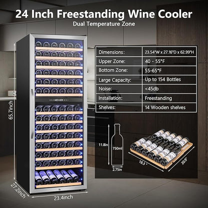 24" Wide Dual-Zone Wine Fridge 154-Bottles, Tall Freestanding/Built-in Wine - Image 2