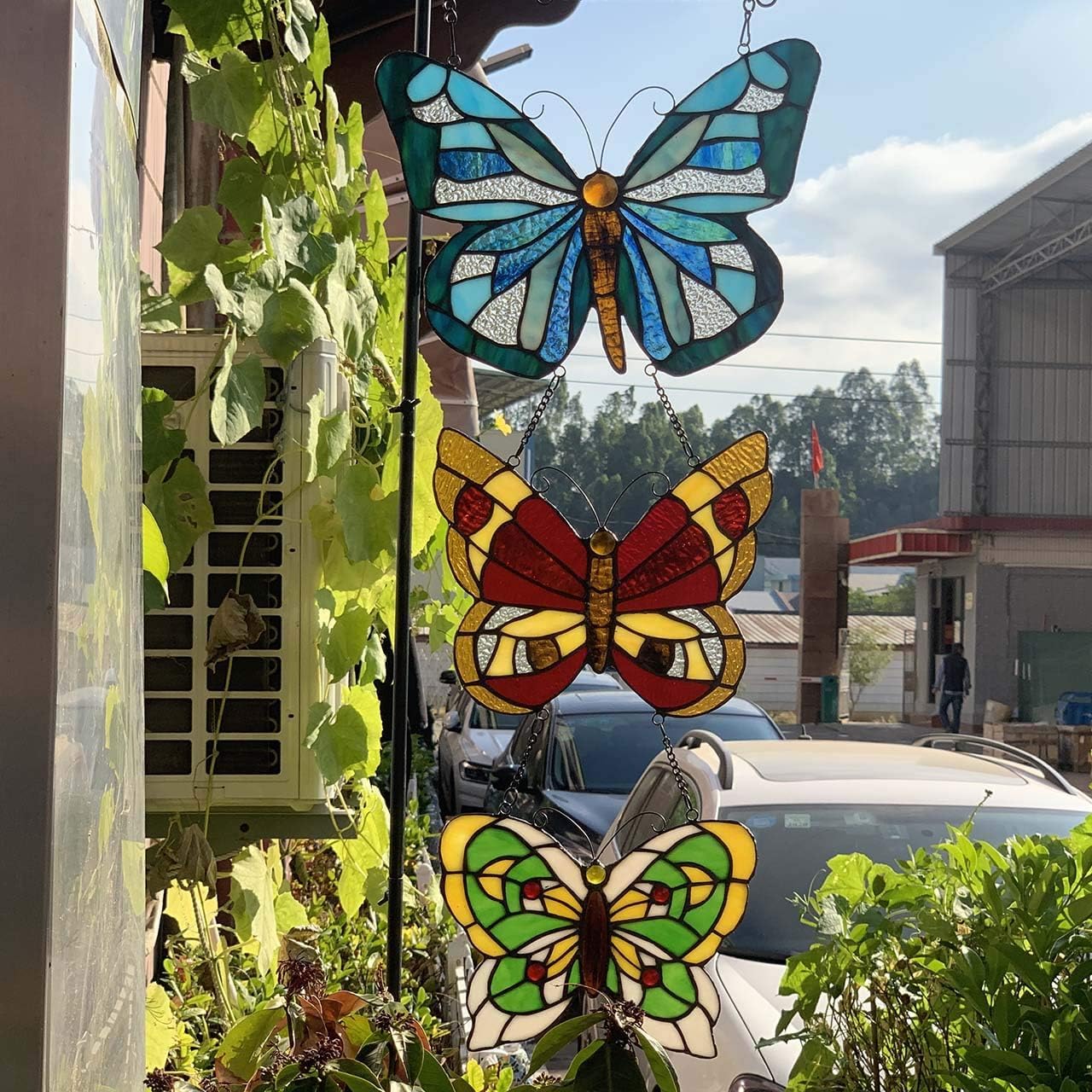 Bieye W10053 Butterfly Tiffany Style Stained Glass Window Panel with 3 Pieces Hanging Successively Within Chains, 12" W x 25" H