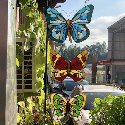 Bieye W10053 Butterfly Tiffany Style Stained Glass Window Panel with 3 Pieces Hanging Successively Within Chains, 12" W x 25" H