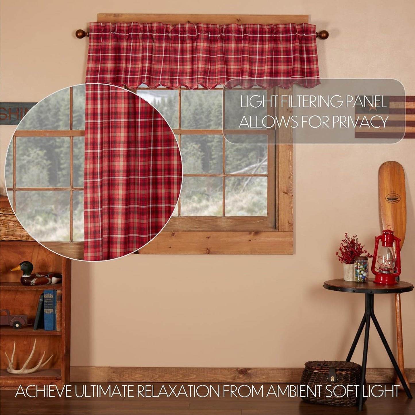VHC Brands Rustic Red Plaid Braxton Scalloped Curtain for Kitchen & Dining Room Valance 16x72