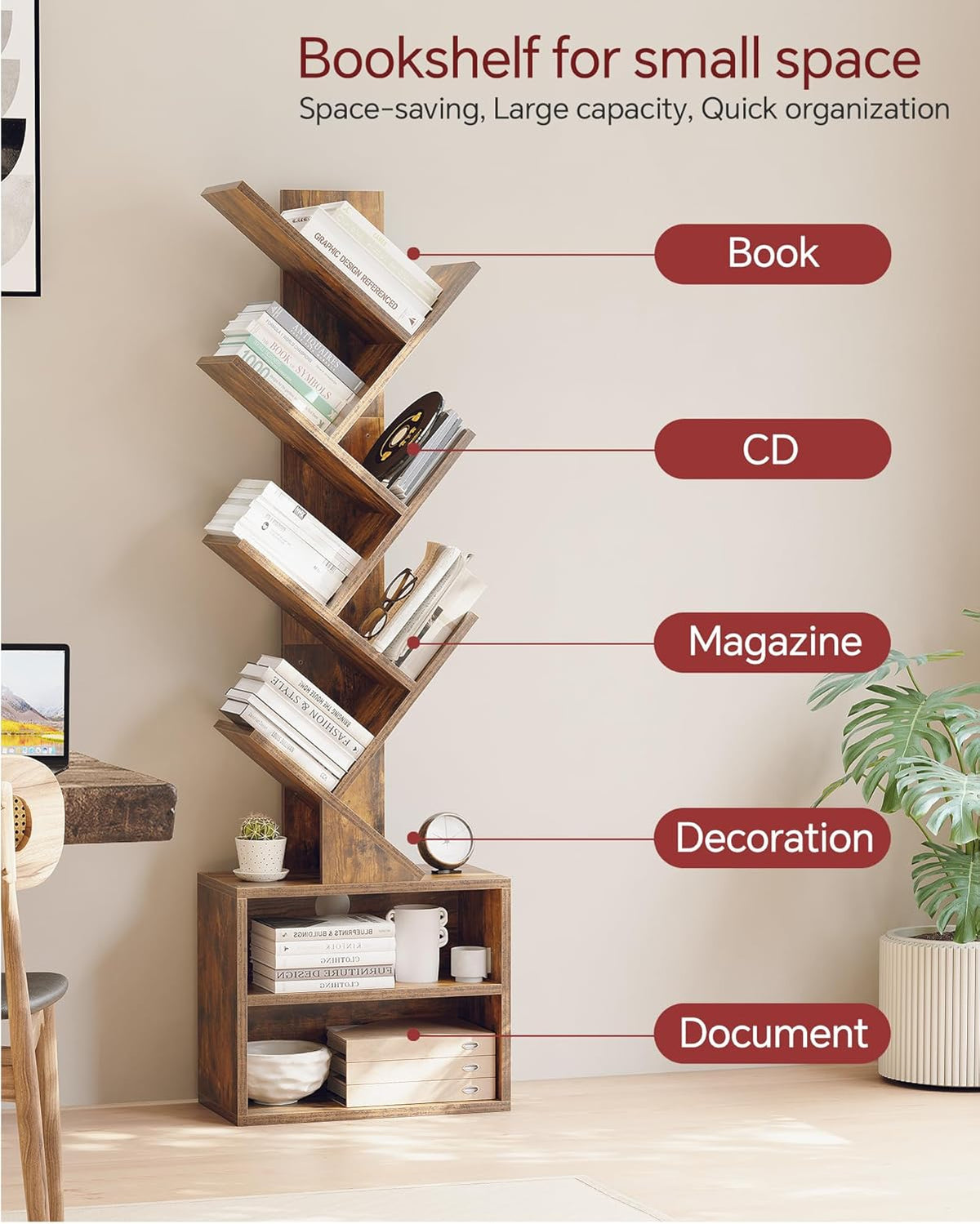 SUNMORY 6 Tier Tree Bookshelf, Tall Small Bookcase with Storage Cabinet