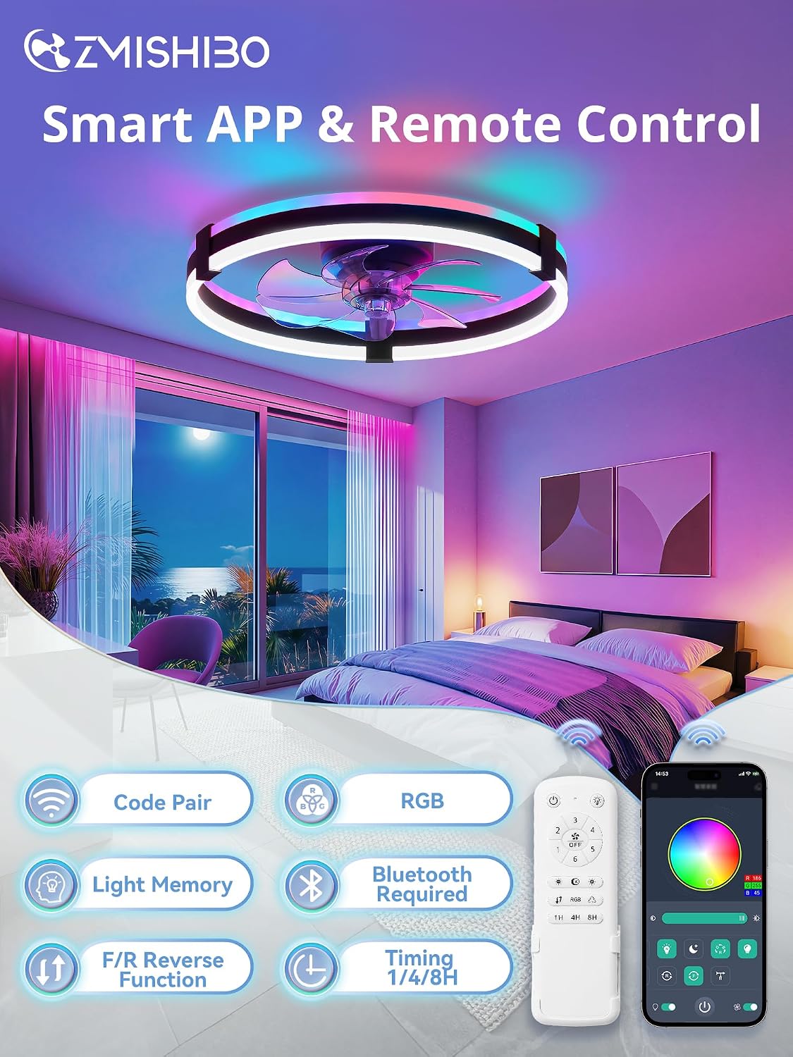 ZMISHIBO 20" RGB Low Profile Ceiling Fans with Lights and Remote, Black