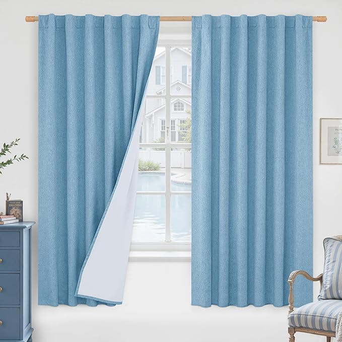 LAMIT 100% Blackout Blue Linen Curtains, 63 Inches Linen Textured Thermal by LAMIT