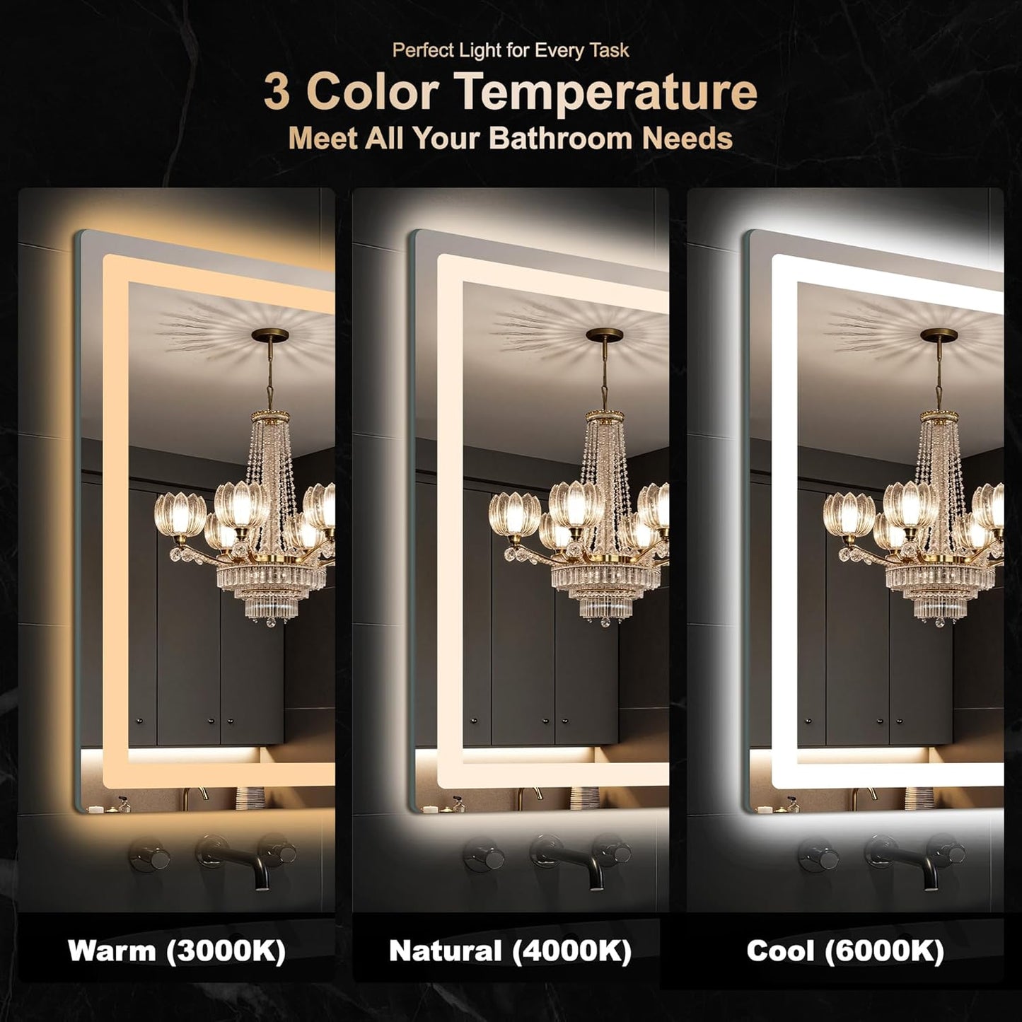 30x30 LED Bathroom Vanity Mirror with Lights, Anti-Fog, Dimmable | Front & Backlit with 3 Color Modes and Memory, 5mm Shatterproof Glass, Plug-in or Hardwired, Horizontal or Vertical