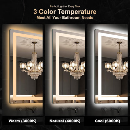 30x30 LED Bathroom Vanity Mirror with Lights, Anti-Fog, Dimmable | Front & Backlit with 3 Color Modes and Memory, 5mm Shatterproof Glass, Plug-in or Hardwired, Horizontal or Vertical