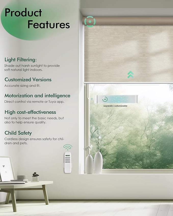 Yoolax Motorized Blinds with Remote, Light Filtering Remote Shades - Image 2