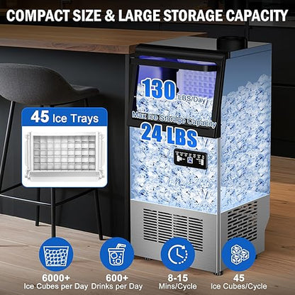Commercial Ice Maker Machine 130 Lbs/24H, 20 Lbs Ice Bin, Undercounter Ice - Image 2