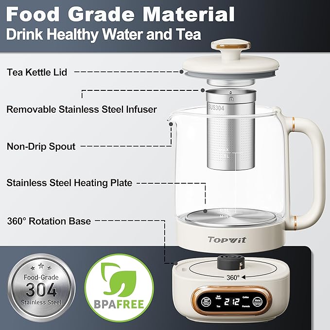 Topwit Electric Tea Kettle, 11 Temperature Control & 4 Presets Glass Kettle - Image 5