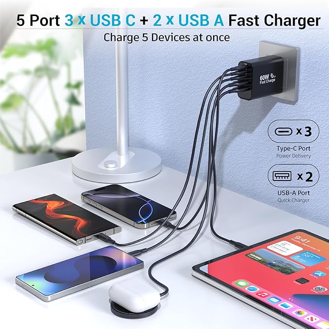 2-Pack 60W USB C Charger Block, 5-Port Fast Wall Charger Station, PD 3.0 & QC - Image 4