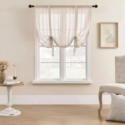 Gxi Beige Striped Sheer Curtain Tie Up Balloon Curtain for Kitchen Bathroom | Rod Pocket Farmhouse Linen Voile Valance for Living Room Small Window 1 Panel Width 39 x 47 inches Length