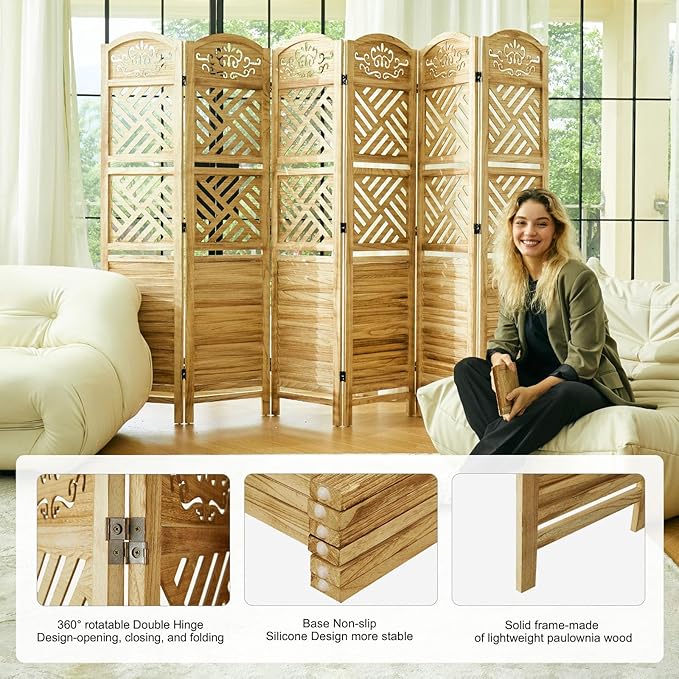 Svimi Room Divider with Shelves, 68.9inch Wood Carved and Louvered Wall Divider - Image 3