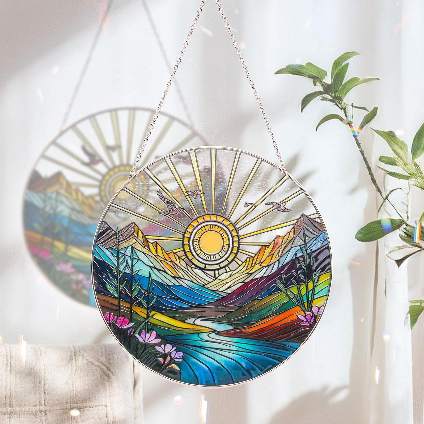 Sun Mountains Stained Glass Window Hanging, Sunrise & Sunset Design, Round Stained Glass Sun Catcher Window Hanging Decor, Handcrafted Art Panel for Indoor/Outdoor Light Catchers, Home Gifts (6inch)