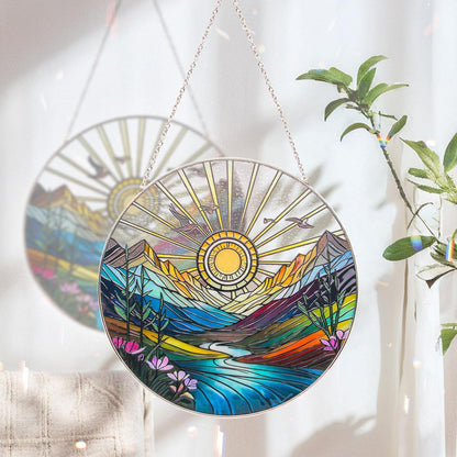 Sun Mountains Stained Glass Window Hanging, Sunrise & Sunset Design, Round Stained Glass Sun Catcher Window Hanging Decor, Handcrafted Art Panel for Indoor/Outdoor Light Catchers, Home Gifts (6inch)